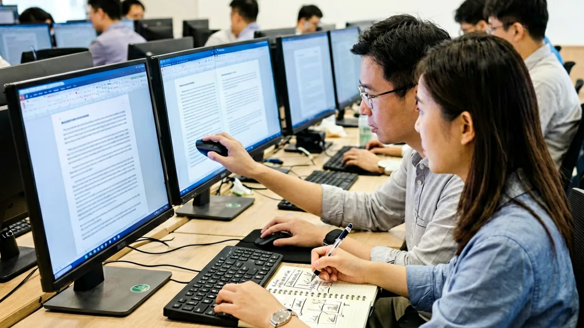 编辑团队成员围坐在一排电脑前协作评审内容，屏幕显示着各条目的审核标记与备注笔记