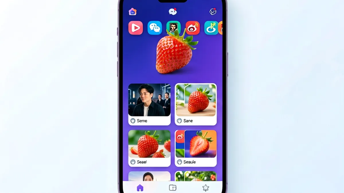 草莓视频iOS应用界面展示：主页面包含短视频、影视剧、综艺等多个内容分类入口，整体采用紫色系卡片布局