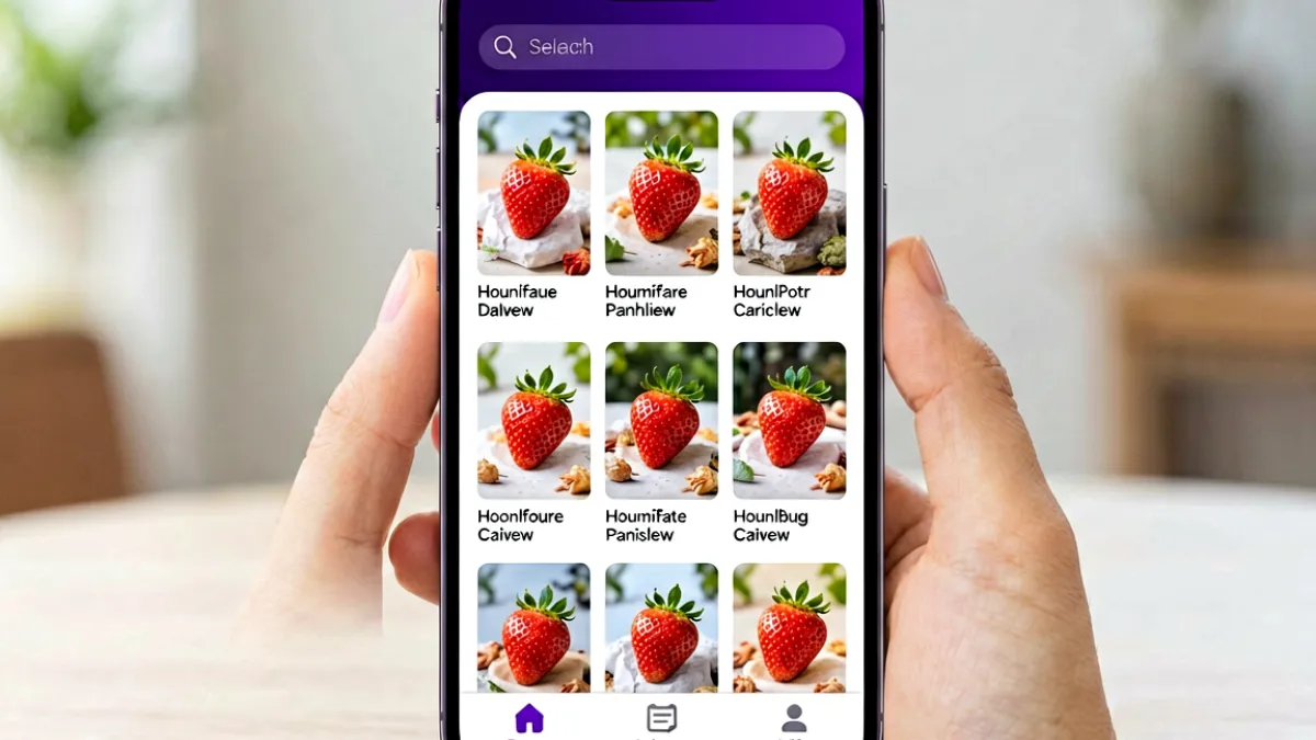 iPhone 屏幕截图展示草莓视频App首页，上方是紫色主题导航栏，中间为精选视频卡片网格布局，底部有首页发现、分类、我的三个功能按钮