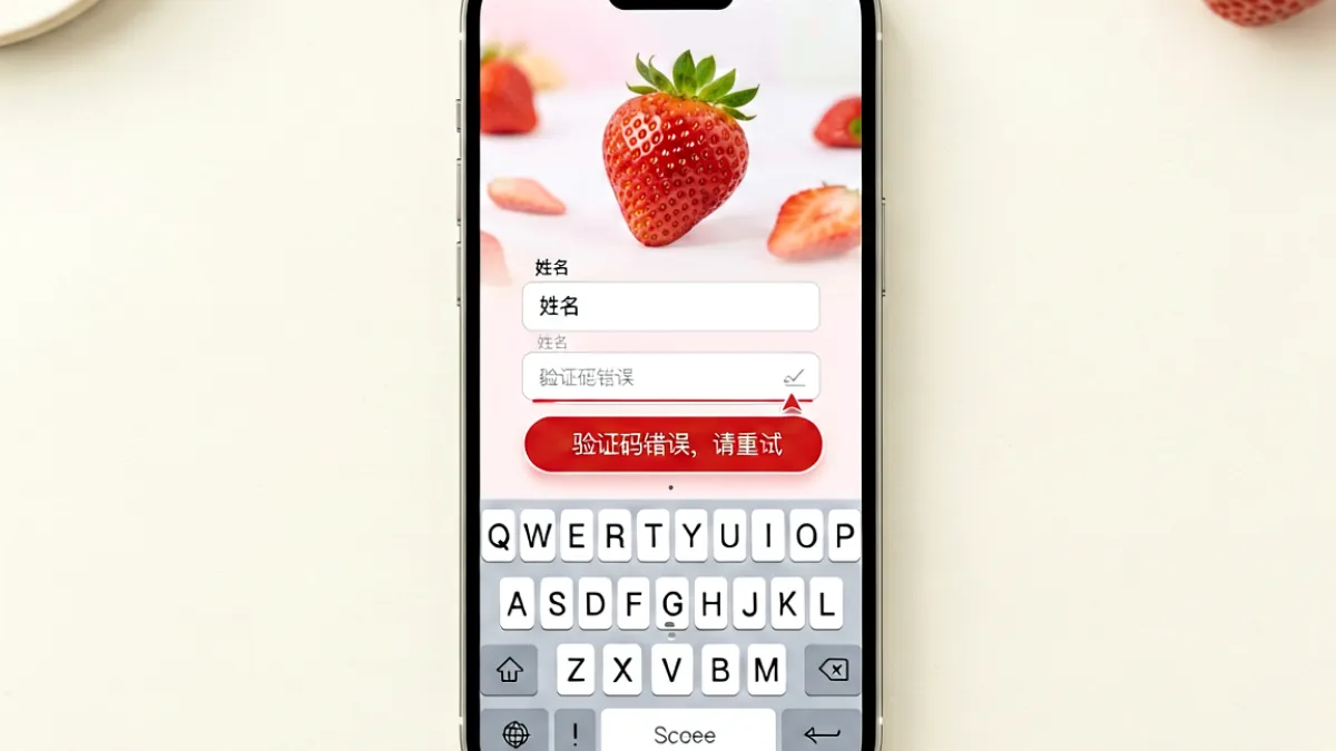 iPhone 屏幕显示草莓视频登录界面弹出验证码输入错误的红色提示框，键盘已收起