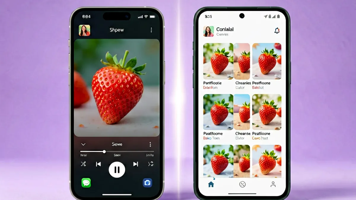 一张展示草莓视频iOS版与安卓版界面并排对比的截图，左侧为iPhone上的深色主题播放界面，右侧为安卓手机上的浅色主题首页推荐流