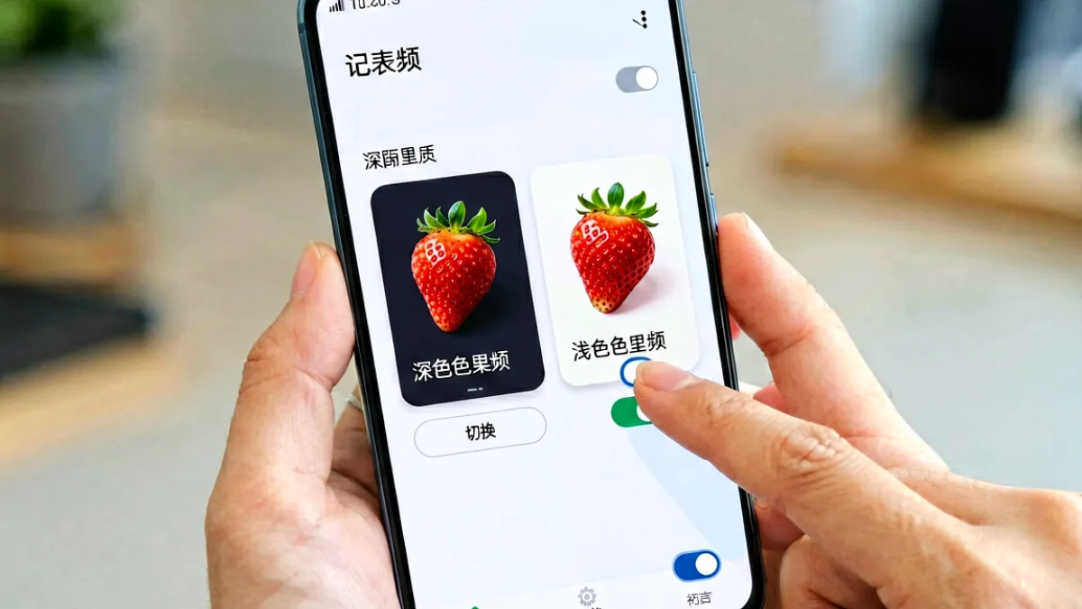 一部安卓手机上显示草莓视频主题设置界面，深色与浅色两种主题预览并排呈现，用户可以点击切换